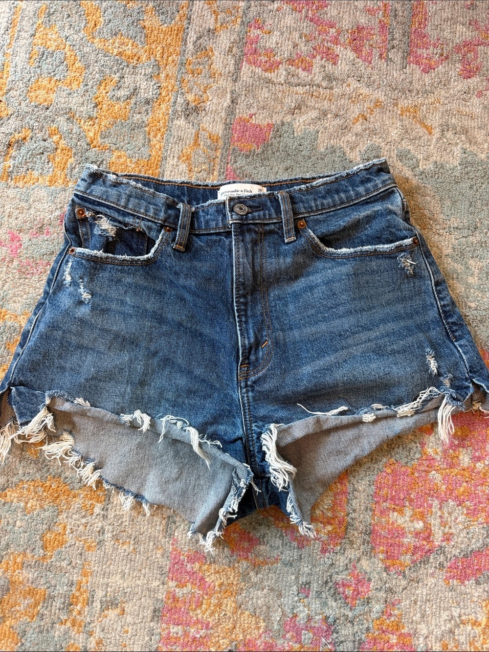 Abercrombie & Fitch Distressed Dark Blue Denim high rise mom Cutoff Shorts